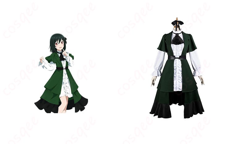 商品正面とキャラクター人物が一緒に映ったコスプレ衣装の画像。ラブライブ!三船栞子の衣装が忠実に再現されています。コスプレ衣装、ラブライブ