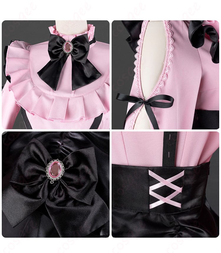 ラブライブ!虹ヶ咲学園スクールアイドル同好会 近江彼方 コスプレ衣装の服の襟、袖、蝶結び、腰装飾の詳細画像。美しい刺繍と仕上げ。