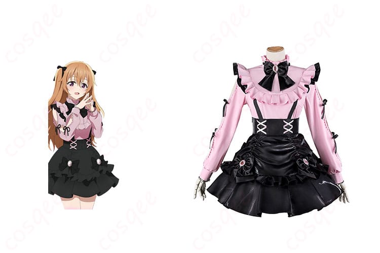 ラブライブ!虹ヶ咲学園スクールアイドル同好会 近江彼方 コスプレ衣装 正面とキャラクターの結合画像。蝶結び付きの可愛いデザインを確認してください。