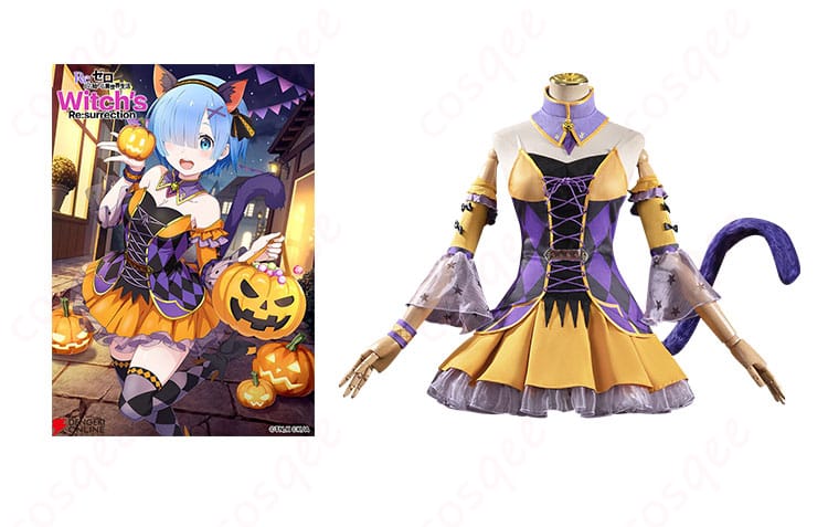 商品正面とキャラクター「レム」のコスプレ衣装の組み合わせ画像。リゼロの人気キャラクターが忠実に再現されたコスプレ衣装。