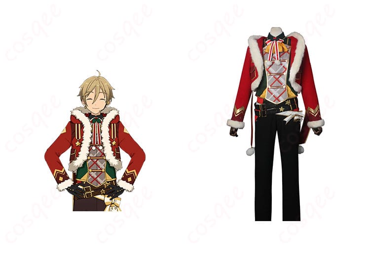 商品正面とキャラクターとのコラボイメージ。あんさんぶるスターズ! 真白友也 コスプレ衣装の全体像。