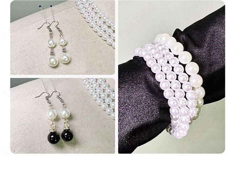 首飾り、耳飾り、手飾りの細部を見せる写真。アクセサリーのディテールが魅力的。