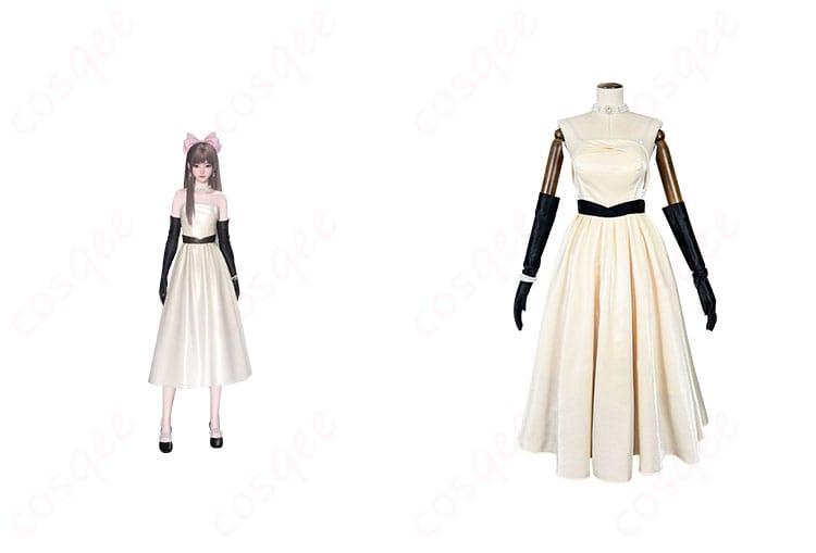 商品正面とキャラクターの人物が一緒に写っているコスプレ衣装の写真。高再現度で『白に溶ける』のディテールが特徴。