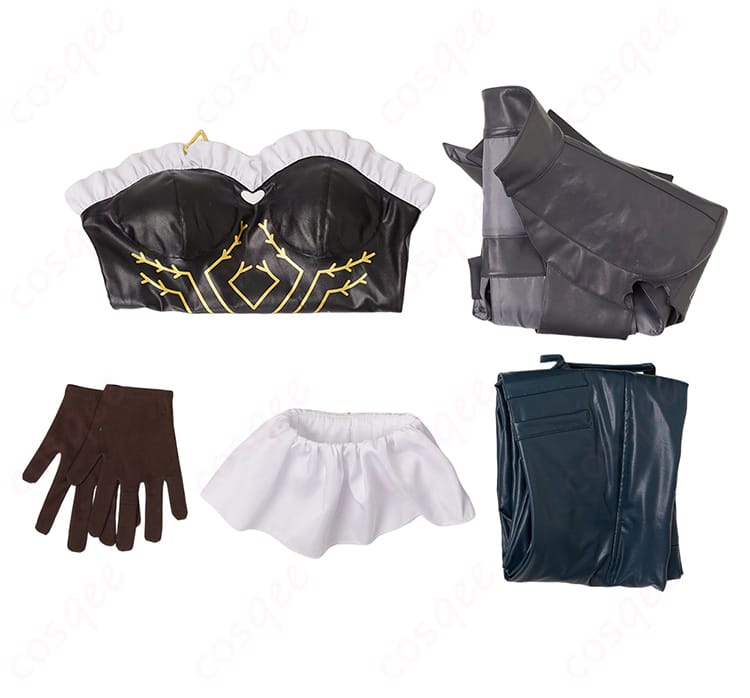 ヒュルケンベルグ コスプレ衣装のセット内容を展示。コート、キャットスーツ、ビスチェなどが含まれています。