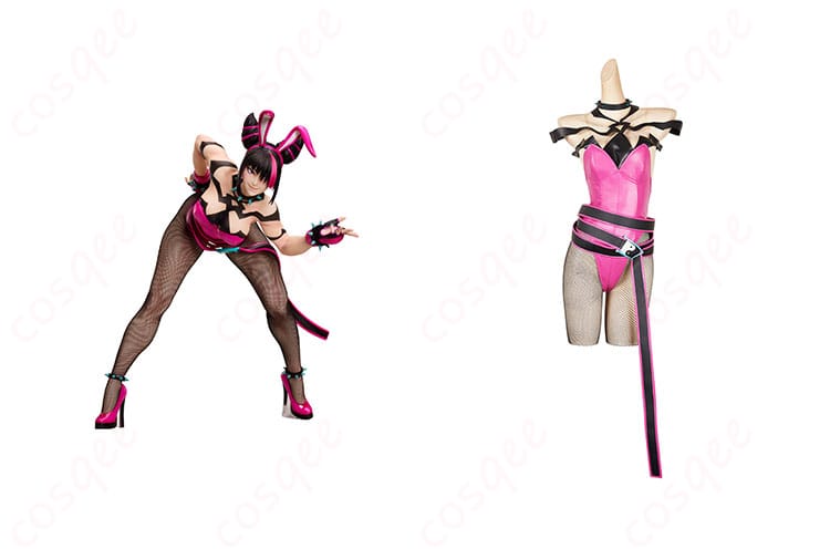 商品正面とハン・ジュリキャラクターが一緒に写ったコスプレ衣装の画像。ストリートファイター バニーVer.の高い再現度。