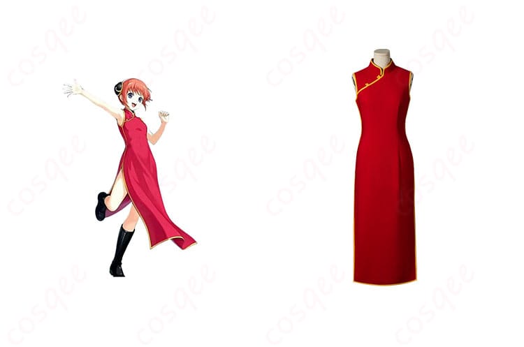 銀魂 神楽 コスプレ衣装 ノースリーブ チャイナドレス、キャラクターとのコラボ写真。忠実再現されたデザインが魅力。