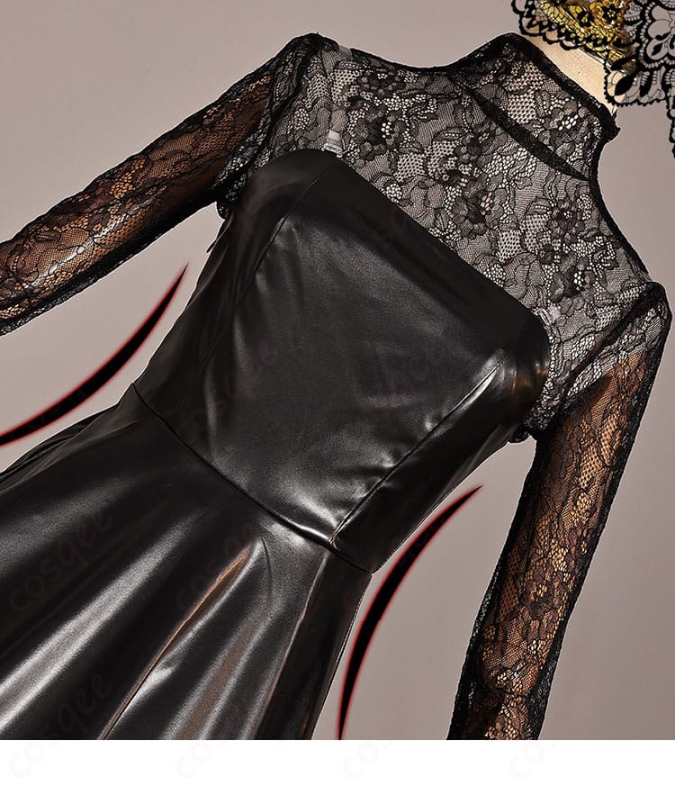 『SAKAMOTO DAYS』大佛(おさらぎ)コスプレ衣装の装飾的なディテール、黒いドレスの細かい刺繍