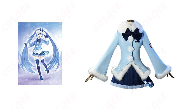 雪ミクのコスプレ衣装とキャラクターの組み合わせイメージ。冬の可愛らしい雪ミクVer.を忠実に再現した衣装です。