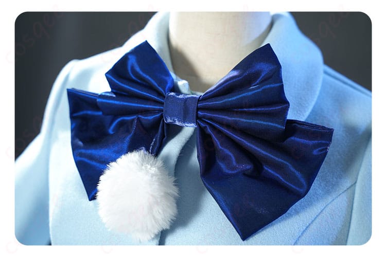 雪ミクコスプレ衣装の蝶結び装飾のディテール画像。華やかなデザインでキャラクターの可愛さを引き立てます。