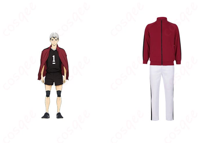 商品正面とキャラクターの写真。ハイキュー!! 北信介のコスプレ衣装、稲荷崎高校ジャージのデザインが鮮明に映えています。高い再現度と着心地を兼ね備えたコスプレ衣装。