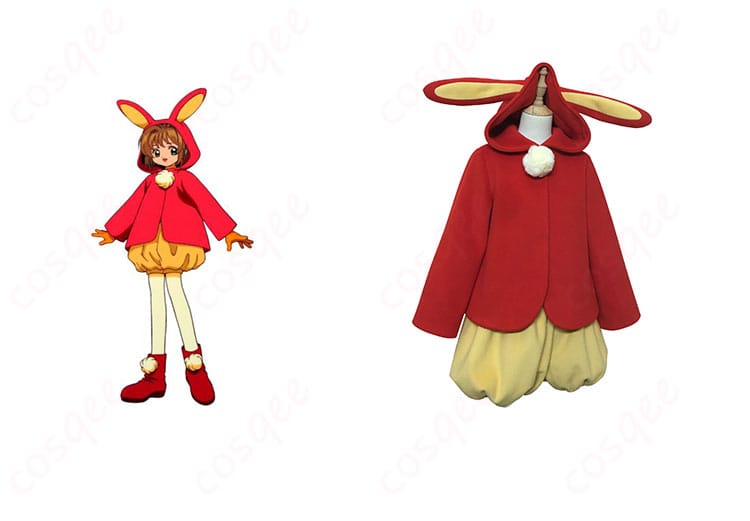 商品正面とキャラクターの合わせ画像 – 『カードキャプターさくら』木之本桜のうさ耳バトルコスチューム。アニメの魅力的なシーンを再現。今すぐチェック!