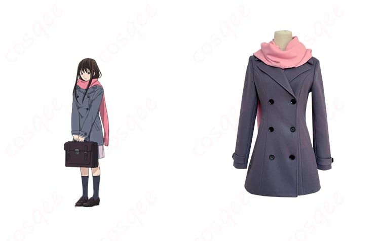 商品正面とキャラクター「壱岐ひより」のコスプレ衣装が一緒に写った画像。ノラガミの世界観を再現した衣装。