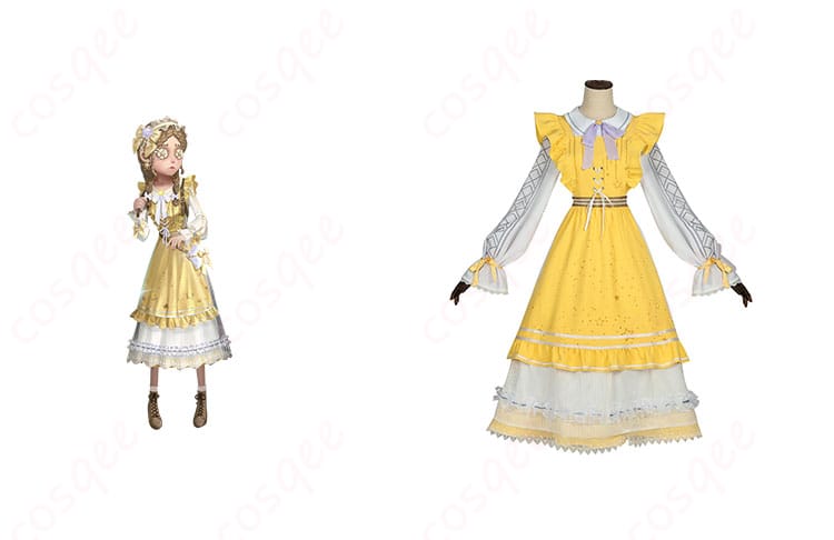 商品正面とアニー・レスター(玩具職人)キャラクターのコスプレ衣装を合わせた画像。第五人格の忠実な再現、コスプレイベントに最適!