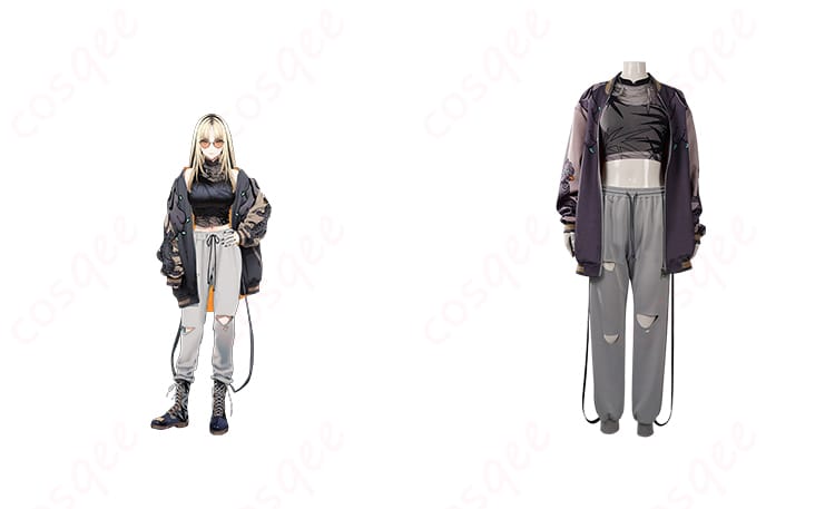 商品正面と虎金妃笑虎キャラクターのコスプレ衣装の合わせた写真。ホロライブの初期衣装を再現。