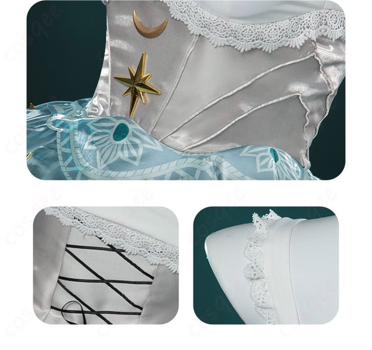 踊り子コスプレ衣装のウエスト部分と背中のディテール、肩ストラップのデザインが魅力。