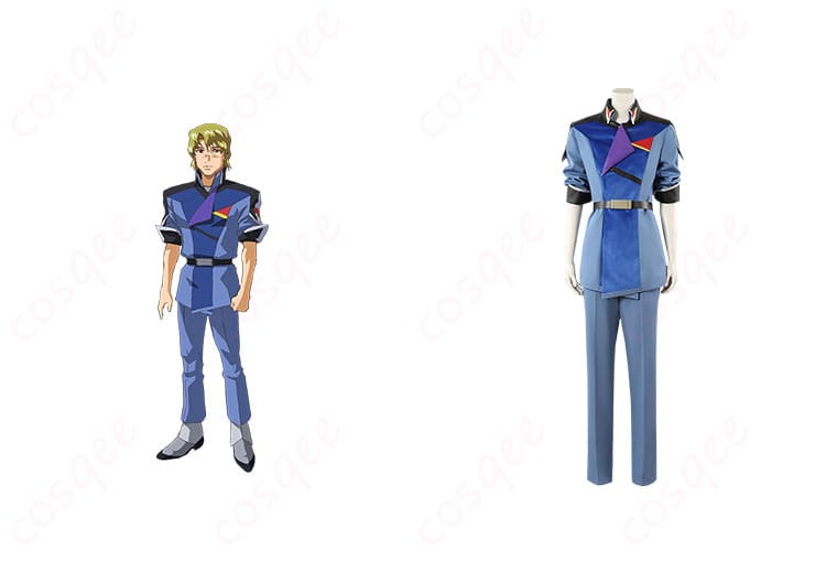 商品正面とキャラクター「ムウ・ラ・フラガ」コスプレ衣装の組み合わせ画像。忠実再現されたデザインと細部が魅力です。コスプレ衣装の品質とフィット感をチェック!