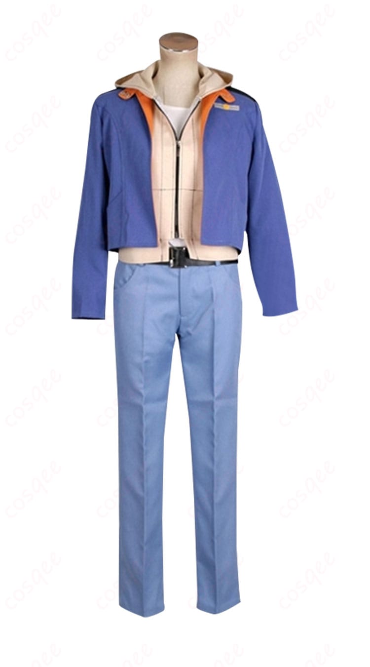 商品正面のコスプレ衣装。青ジャケットと白インナー、青パンツの詳細がよくわかる。