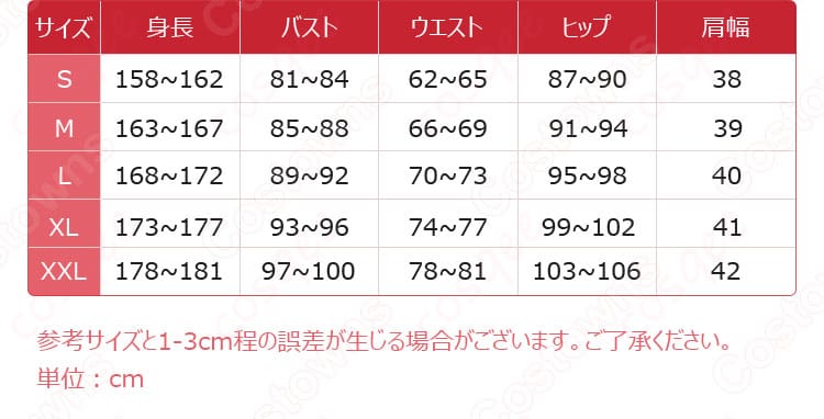 サイズと寸法の対応図、カードキャプターさくら 木之本桜 コスプレ衣装のサイズガイド