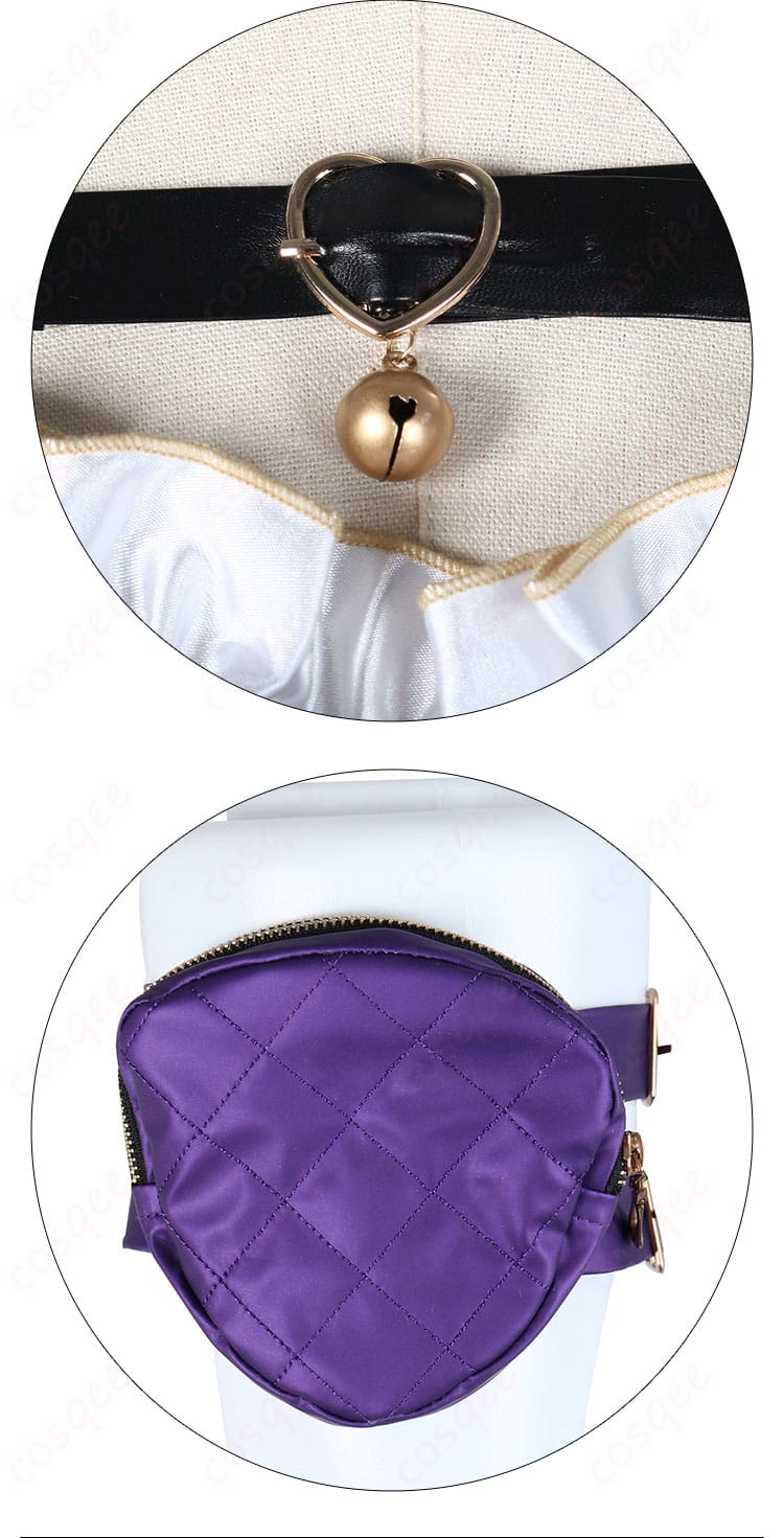 胸元の鈴と小袋装飾の細部 - 可愛いアクセサリーが際立つデザイン