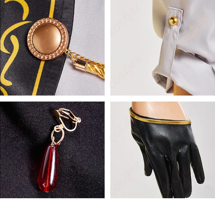 襟、袖口、耳飾り、手袋の装飾の詳細画像。KAITOコスプレ衣装のアクセサリーのディテール。コスプレ通販