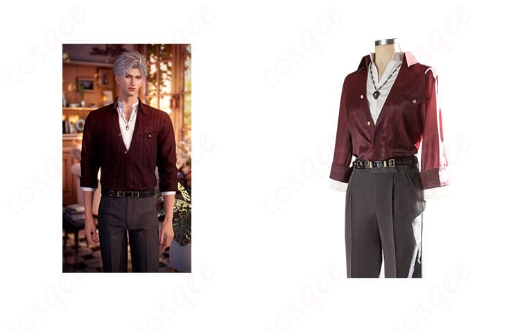 商品とシンのキャラクターが一緒に写ったコスプレ衣装の写真。『恋と深空』のシンのコスプレ衣装を忠実に再現。