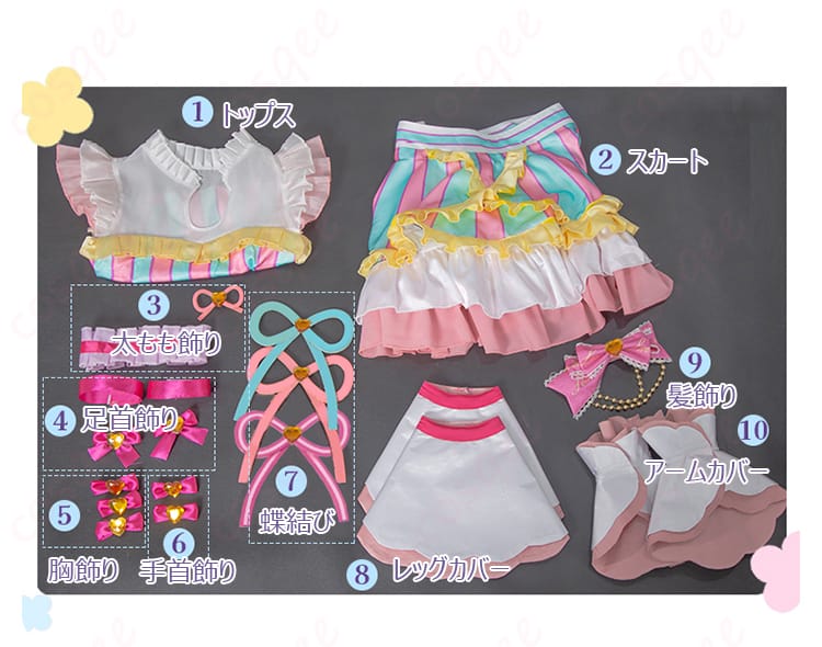 プリパラ 真中らぁら コスプレ衣装 アイドル衣装のセット内容画像。トップス、スカート、アクセサリーなど、詳細な内容が見て取れます。