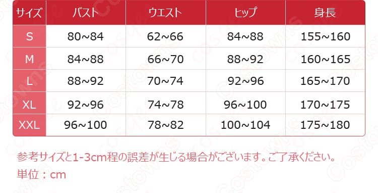 サイズと寸法対応データの展示画像 - じゅのん コスプレ衣装 サイズ情報