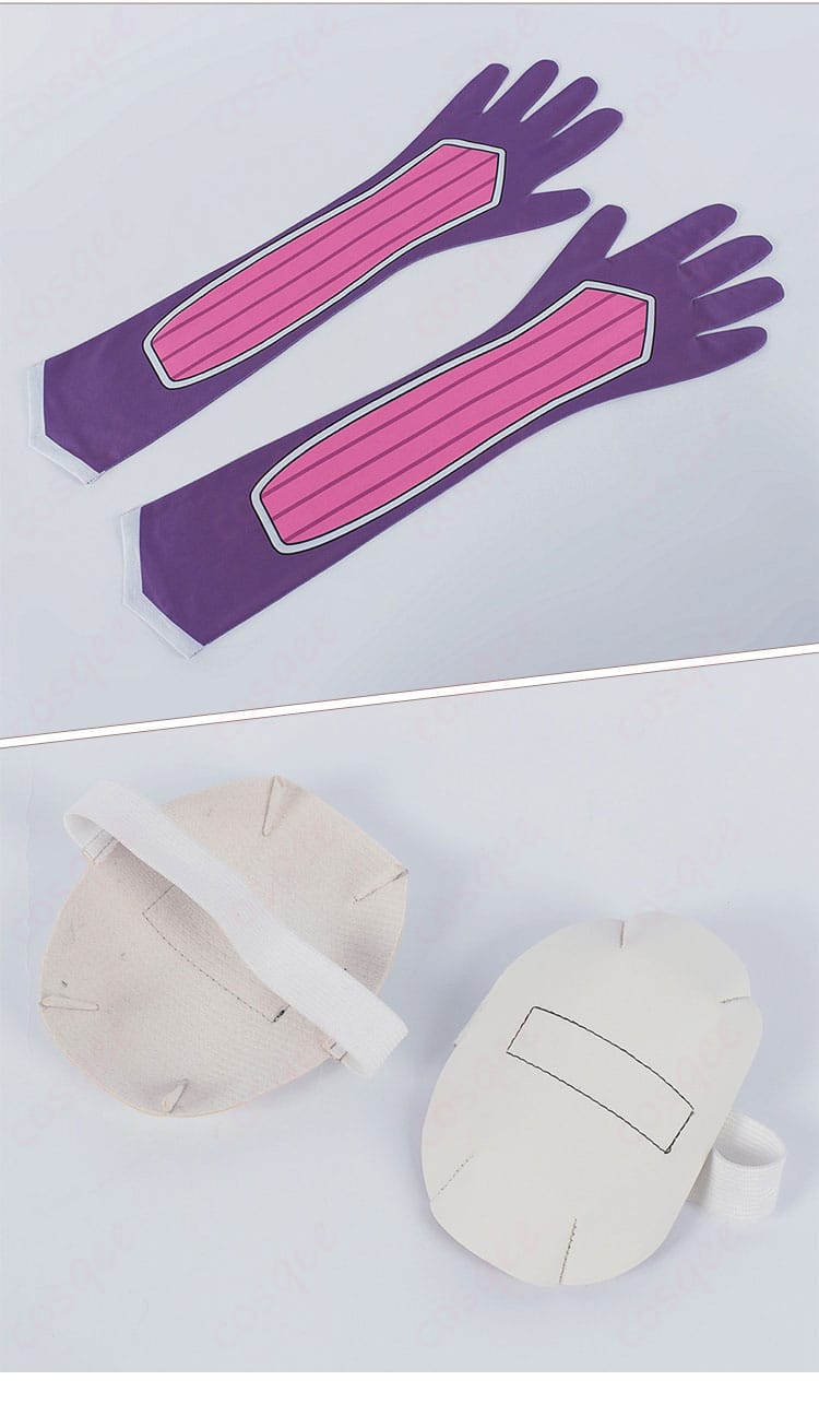 ニートくノ一 百地彩夢 コスプレ衣装 手袋と膝の保護具の装飾画像。細部まで忠実に再現されており、キャラクターのコスプレに完璧です。