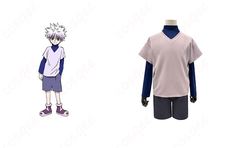 キルア=ゾルディック コスプレ衣装 HUNTER×HUNTERのキャラクターと商品が一緒に映った画像。忠実再現のデザインで、コスプレイベントにぴったり!
