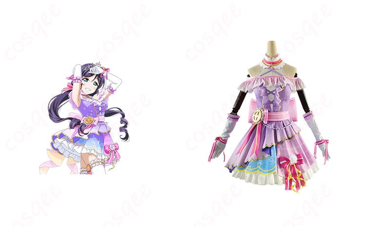 ラブライブ!スクフェス 東條希 コスプレ衣装 正面とキャラクターとのコラボ写真。高い再現度のコスプレ衣装で、イベントや撮影会にぴったり!