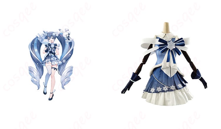 雪ミク(初音ミク)コスプレ衣装 正面とキャラクターの合わせたイメージ。雪ミクのキラキラスノーマテリアルデザイン、コスプレ衣装の詳細をご覧ください。
