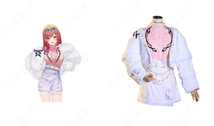 商品正面と一条莉々華キャラクターが一緒に写ったコスプレ衣装の画像。ホロライブの一条莉々華のコスプレ衣装を高精度で再現。