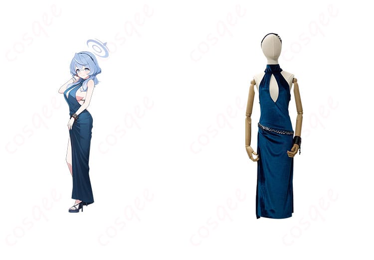 ブルーアーカイブ 天雨アコ コスプレ衣装 ドレス 正面とキャラクターの組み合わせイメージ。高忠実度再現の衣装。