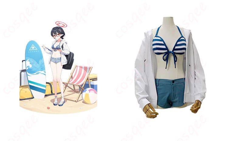 商品正面とキャラクター奥空アヤネの水着コスプレ衣装。ブルーアーカイブの忠実再現。
