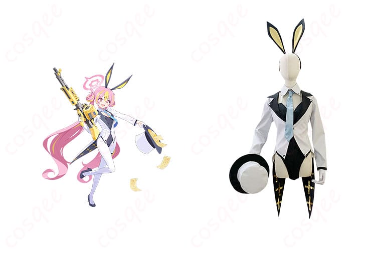 商品正面と黒崎コユキのバニーガールコスプレ衣装のコスプレ写真。高忠実度再現で、ブルーアーカイブのキャラクターが完璧に表現されています。
