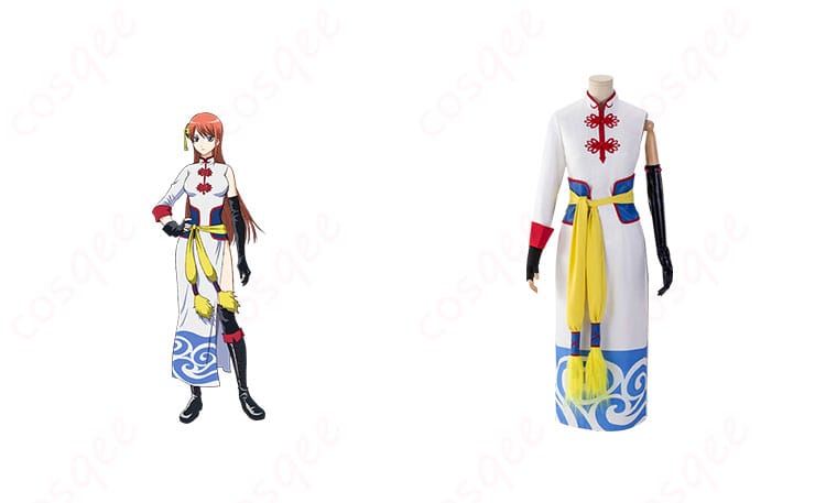 商品正面と神楽キャラクターのコスプレ衣装が一緒に映った写真。忠実再現されたデザインで、銀魂ファン必見!