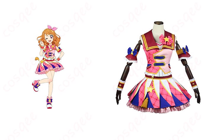 商品正面とキャラクターとの組み合わせ画像:アイカツ!大空あかりのピンクパレードコーデコスプレ衣装。キャラクターの魅力を忠実に再現。