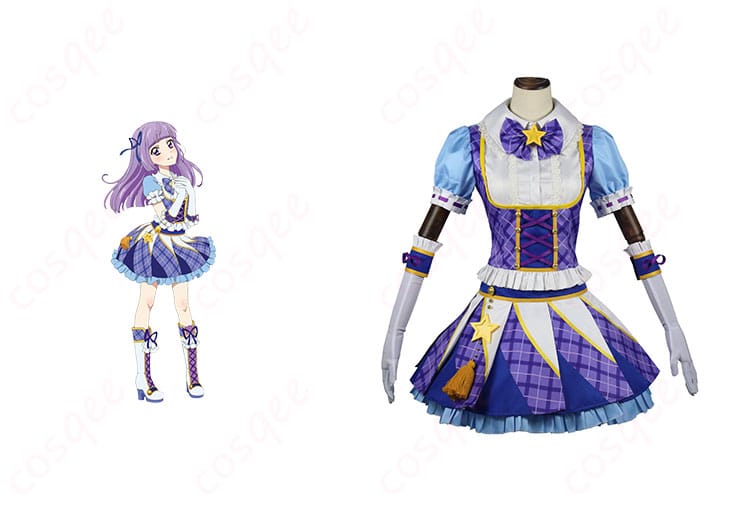 氷上スミレ コスプレ衣装の正面とキャラクターの組み合わせ写真。ブルーパレードコーデがキャラクターの特徴を忠実に再現。アイカツ!ファン必見!