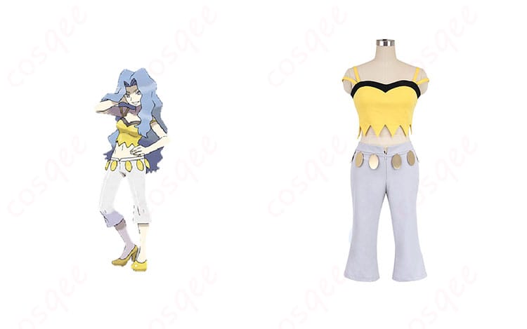 カリン コスプレ衣装の正面とキャラクターイメージが融合した写真。ポケモン ハートゴールド・ソウルシルバーのカリンのコスプレ衣装を忠実に再現。