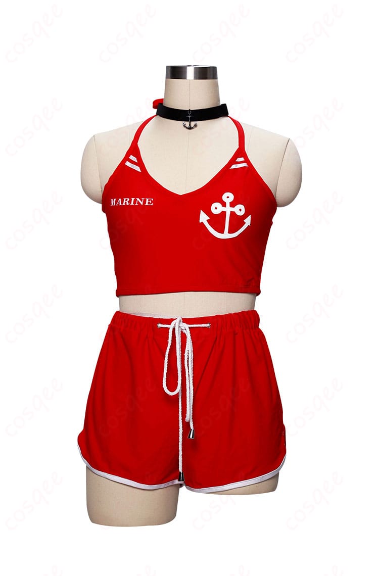 宝鐘マリン 3周年記念水着 コスプレ衣装の正面図。デザインの細部まで忠実再現。コスプレ通販で購入可能。