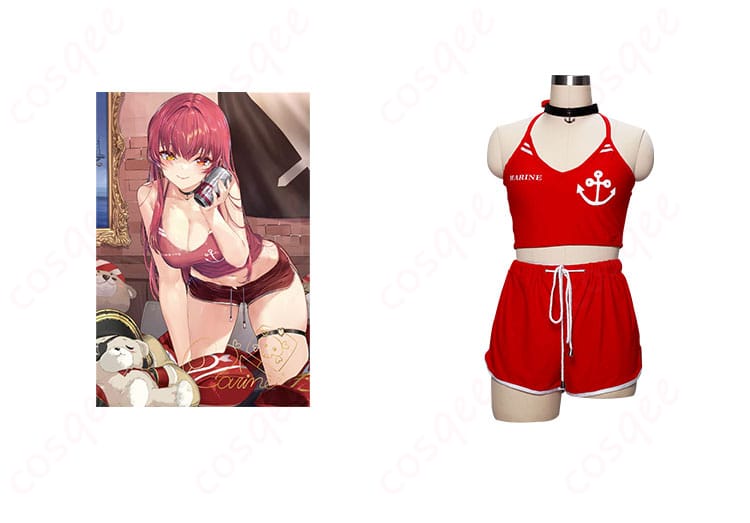 宝鐘マリン 3周年記念水着 コスプレ衣装の正面とキャラクターのイラストを組み合わせた画像。ホロライブファン必見!