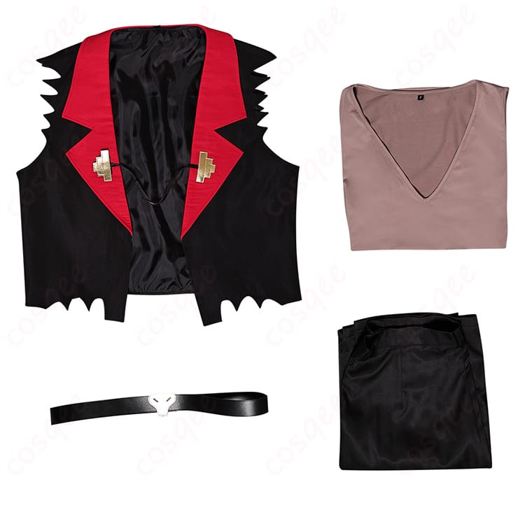 ヘルヴァ・ボス サタン コスプレ衣装 セット内容の展示。ズボン、ベスト、タンクトップ、ベルトが含まれている。