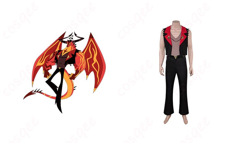 ヘルヴァ・ボス サタン コスプレ衣装 正面とキャラクターの融合図。忠実再現されたデザインで、サタンのキャラクターが引き立つ。