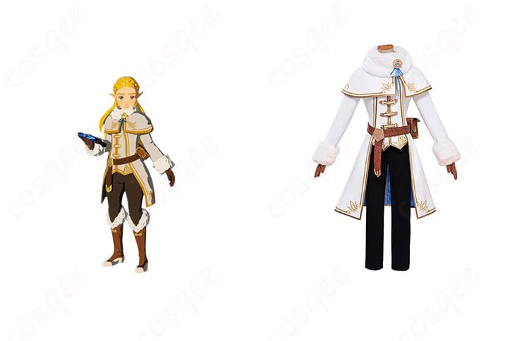商品正面とゼルダ姫のキャラクターが合成された画像 – ゼルダ姫 コスプレ衣装の高い再現度をご覧ください。