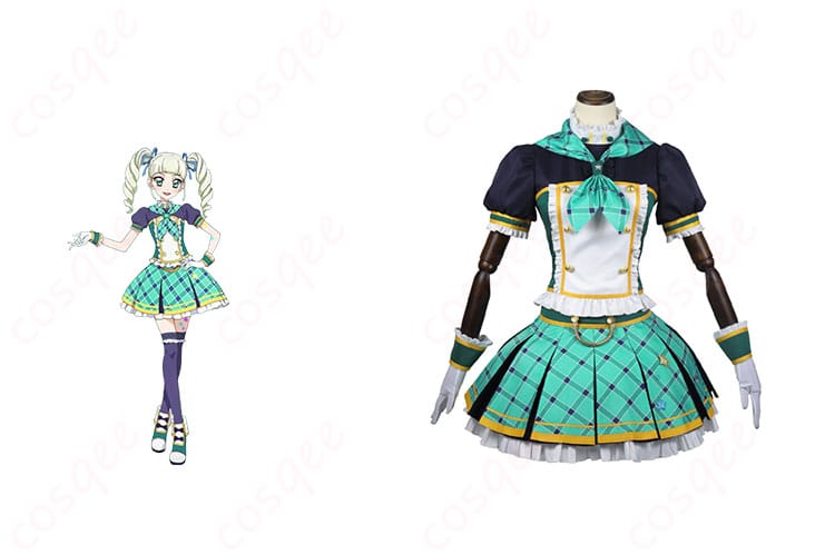 アイカツオンパレード! 藤堂ユリカ コスプレ衣装 正面とキャラクターの画像。リアルなデザインと細部まで忠実に再現された衣装。