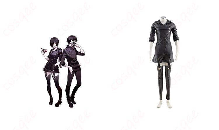 霧嶋董香のコスプレ衣装とキャラクターの組み合わせ写真。戦闘服の詳細がわかる正面画像。東京喰種コスプレ衣装。