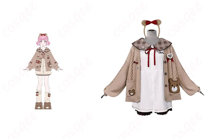 草薙寧々 コスプレ衣装 プロジェクトセカイ 初音ミク カフェモカ・ベア ルームウェア 商品正面とキャラクター人物の結合画像。魅力的なデザインが再現されています。今すぐチェック!