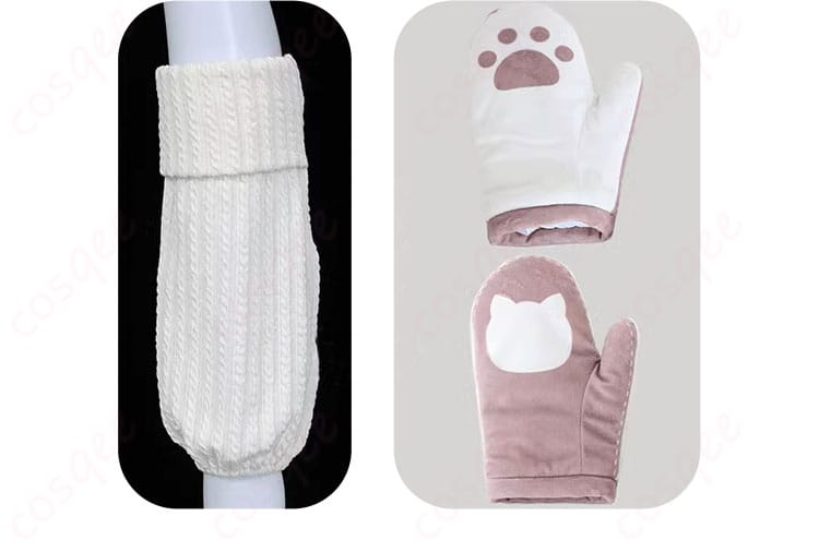 レッグカバーと手袋の装飾ディテール画像 - Warming Cat冬服コスプレ衣装のレッグカバーと手袋の細部。完璧なコスプレ体験を提供します。