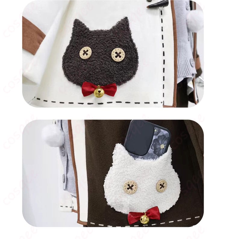 外套のポケット装飾細部画像 - Warming Cat冬服コスプレ衣装の外套ポケットのディテール。ファッション性と機能性を兼ね備えたデザイン。