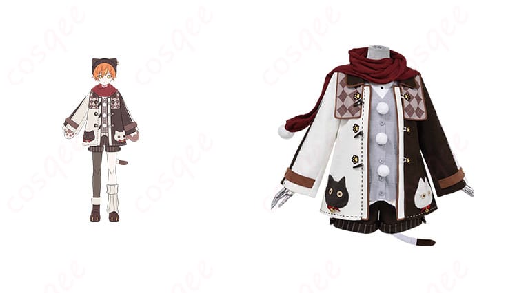商品正面とキャラクターの組み合わせ画像 - 初音ミクのWarming Cat冬服コスプレ衣装。忠実に再現されたデザインで、コスプレ愛好者に最適!
